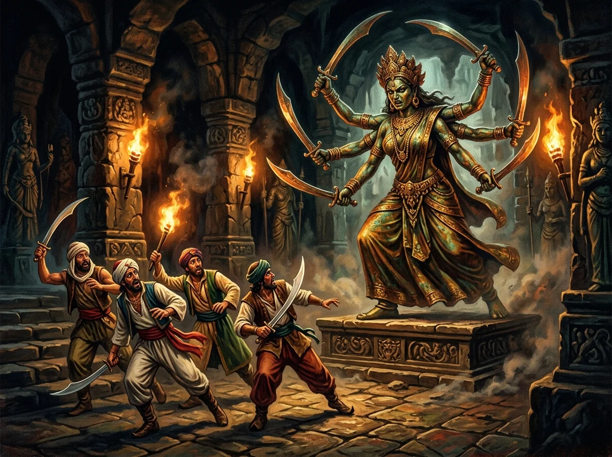 Statue de bronze à six bras armés d'épées affrontant des marins dans un temple oriental, style affiche fantasy des années 80