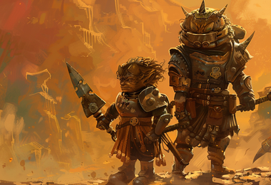 Deux halfelins gladiateurs affrontant les dangers du désert d'Athas, l'univers post-apocalyptique de Dark Sun