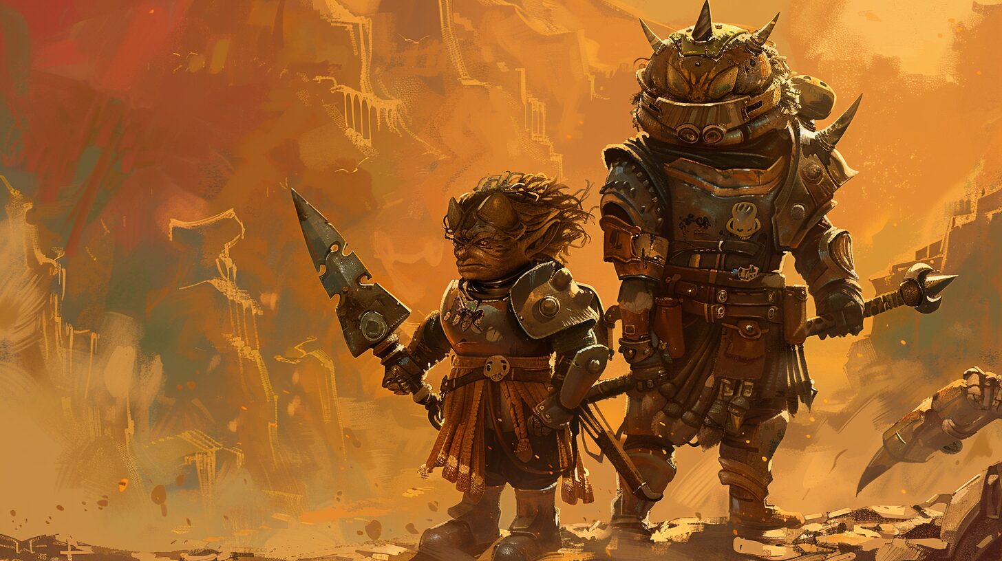 Deux halfelins gladiateurs affrontant les dangers du désert d'Athas, l'univers post-apocalyptique de Dark Sun