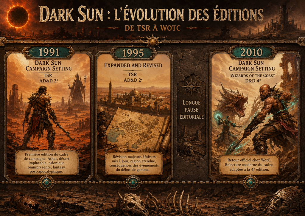 Dark Sun : l'histoire de toutes ses éditions jusqu'au retour choc de 2027 1 Frise chronologique des éditions de Dark Sun de 1991 à 2010, de TSR à Wizards of the Coast