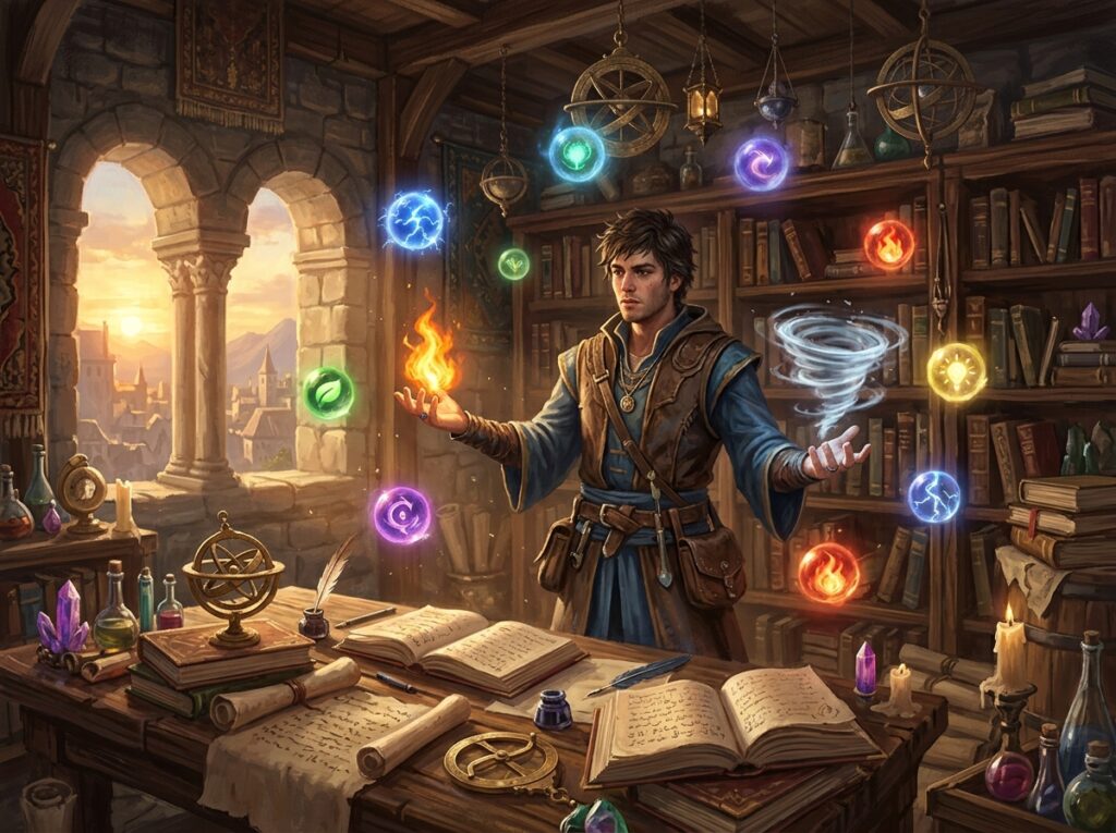 Illustration donjon et dragon. Un mage dans son atelier apprend à gérer ses tours mineures.