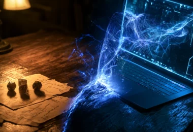 Composition en deux moitiés : table de jeu avec dés à gauche, écran d'ordinateur et flux de données à droite