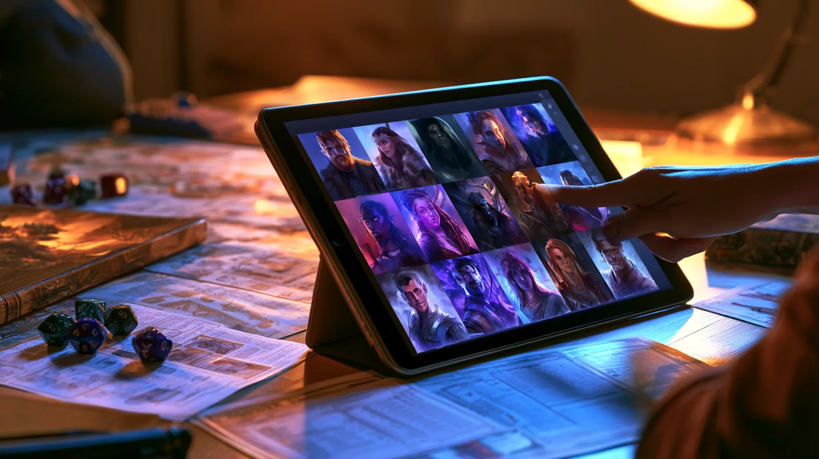 Tablette posée sur une table de jeu affichant des portraits de PNJ générés, entourée de dés et de fiches