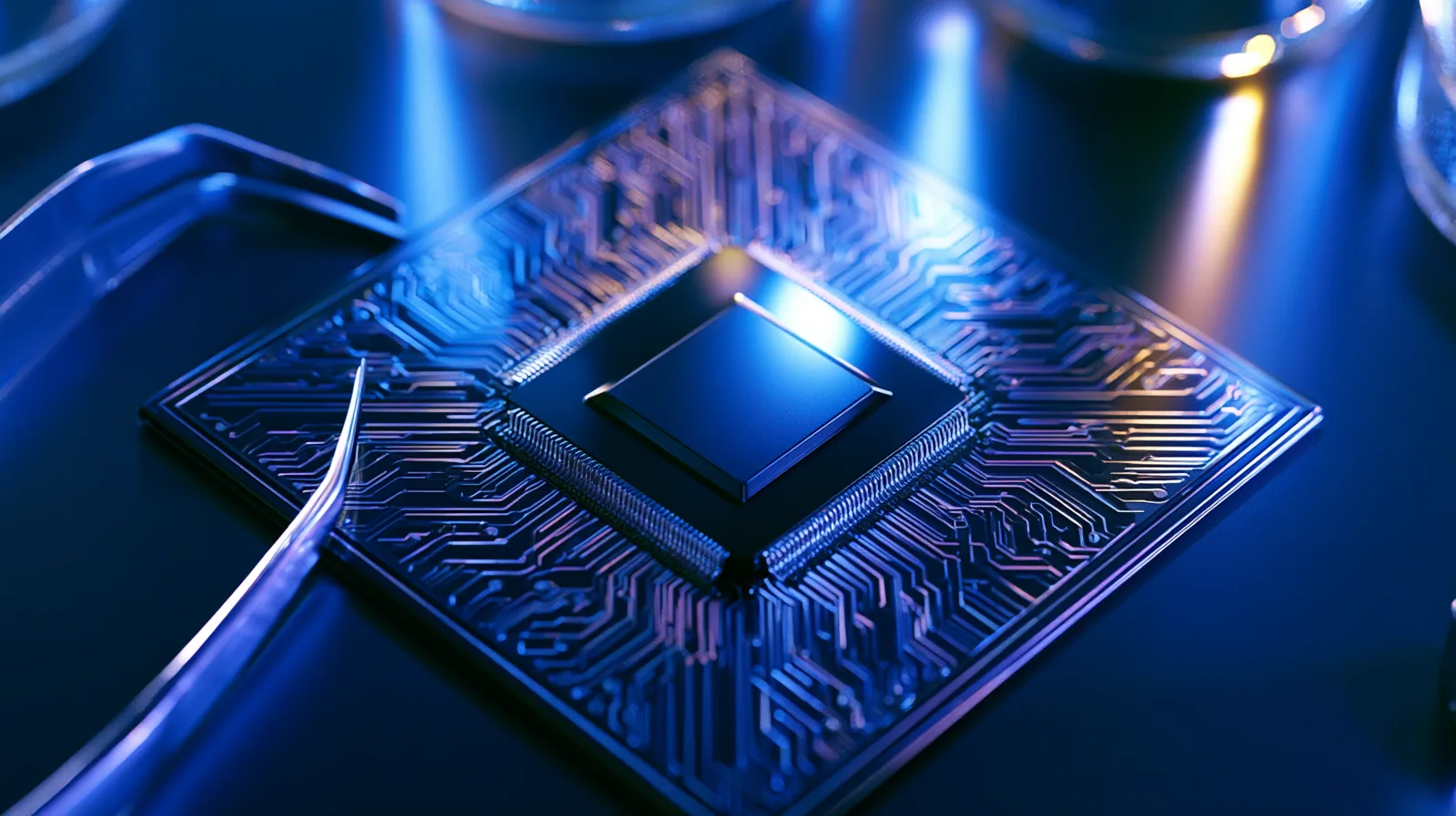 Gros plan macro sur une puce informatique et ses circuits, brucelles posées à côté sur un plan de travail