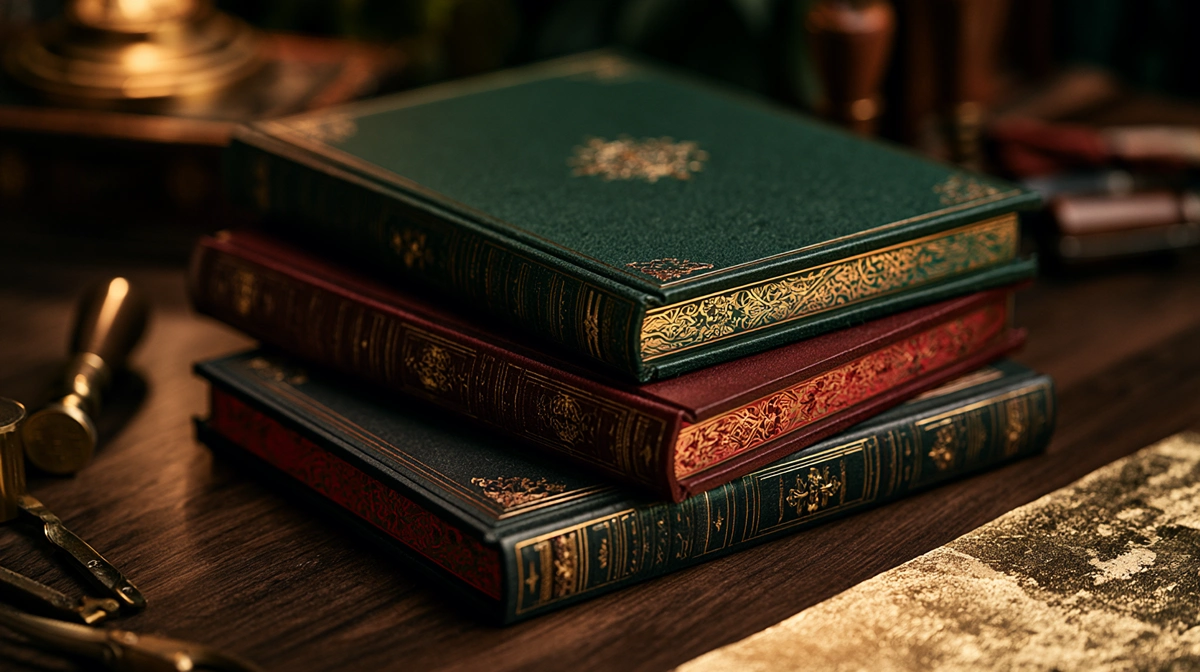 Fantasy et romantasy : quelle maison d'édition française pour ta prochaine lecture ? 2 Trois livres de fantasy reliés et toilés aux tranches dorées et aux motifs gravés, posés sur un bureau en bois sombre