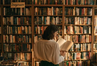 Lectrice hésitant devant le rayon imaginaire d'une librairie française rempli de romans de fantasy et de romantasy