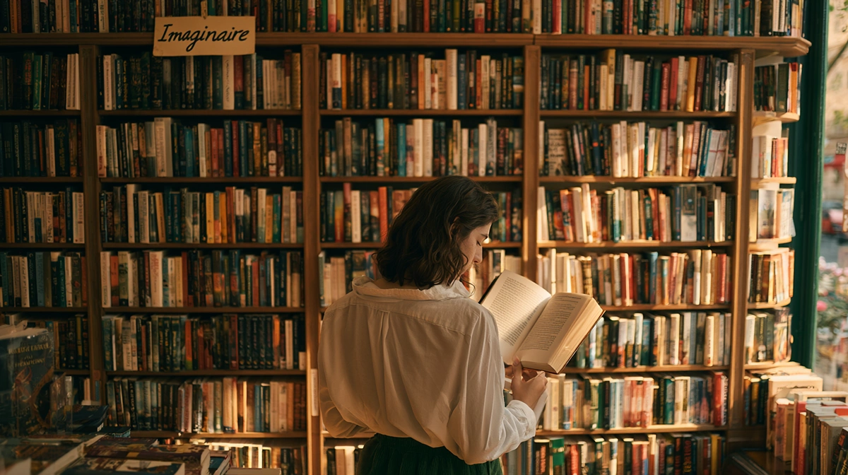 Lectrice hésitant devant le rayon imaginaire d'une librairie française rempli de romans de fantasy et de romantasy