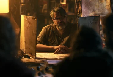 Maître de jeu derrière son écran, notes manuscrites et dés sur la table, joueurs flous au premier plan