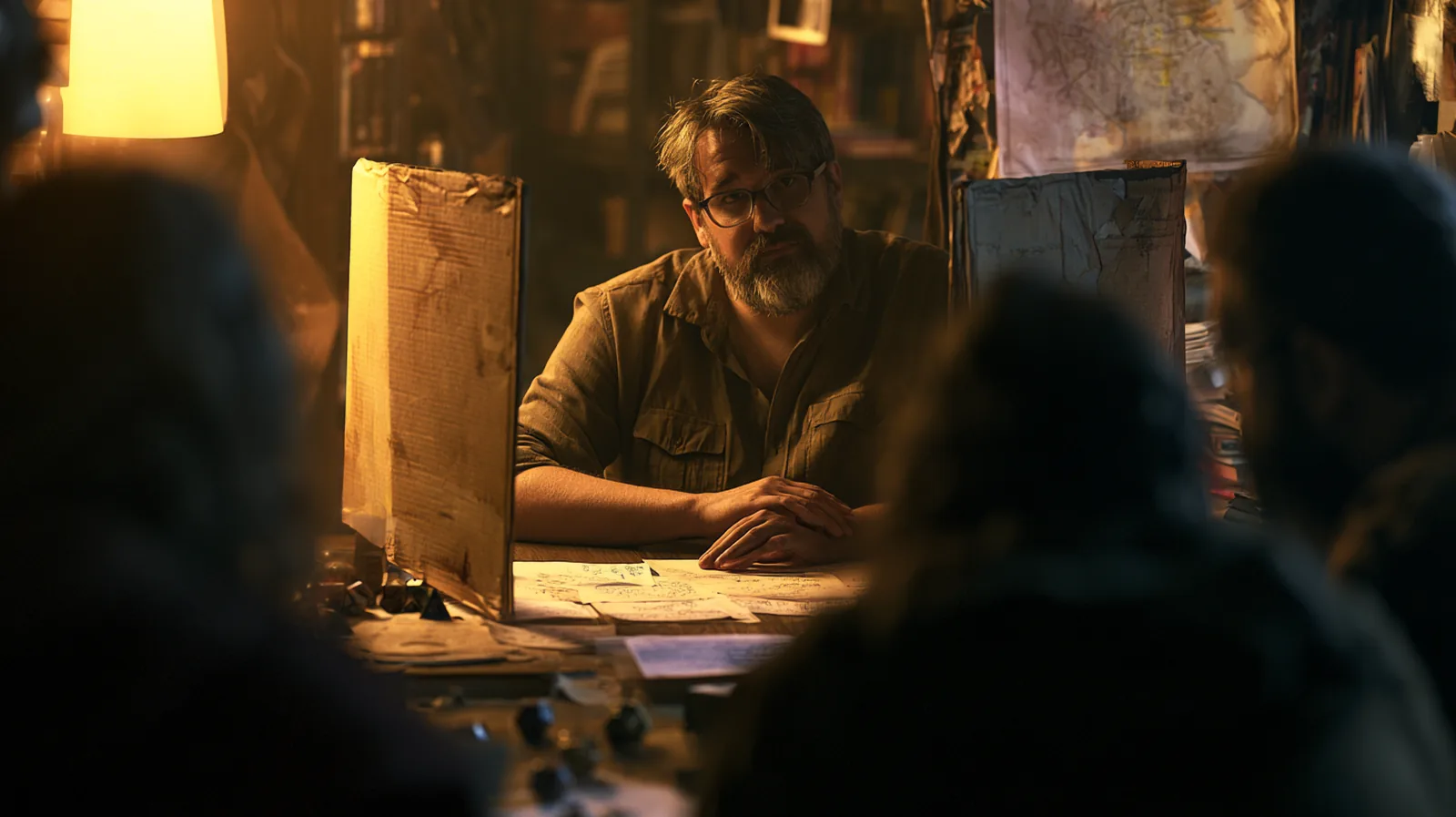Maître de jeu derrière son écran, notes manuscrites et dés sur la table, joueurs flous au premier plan