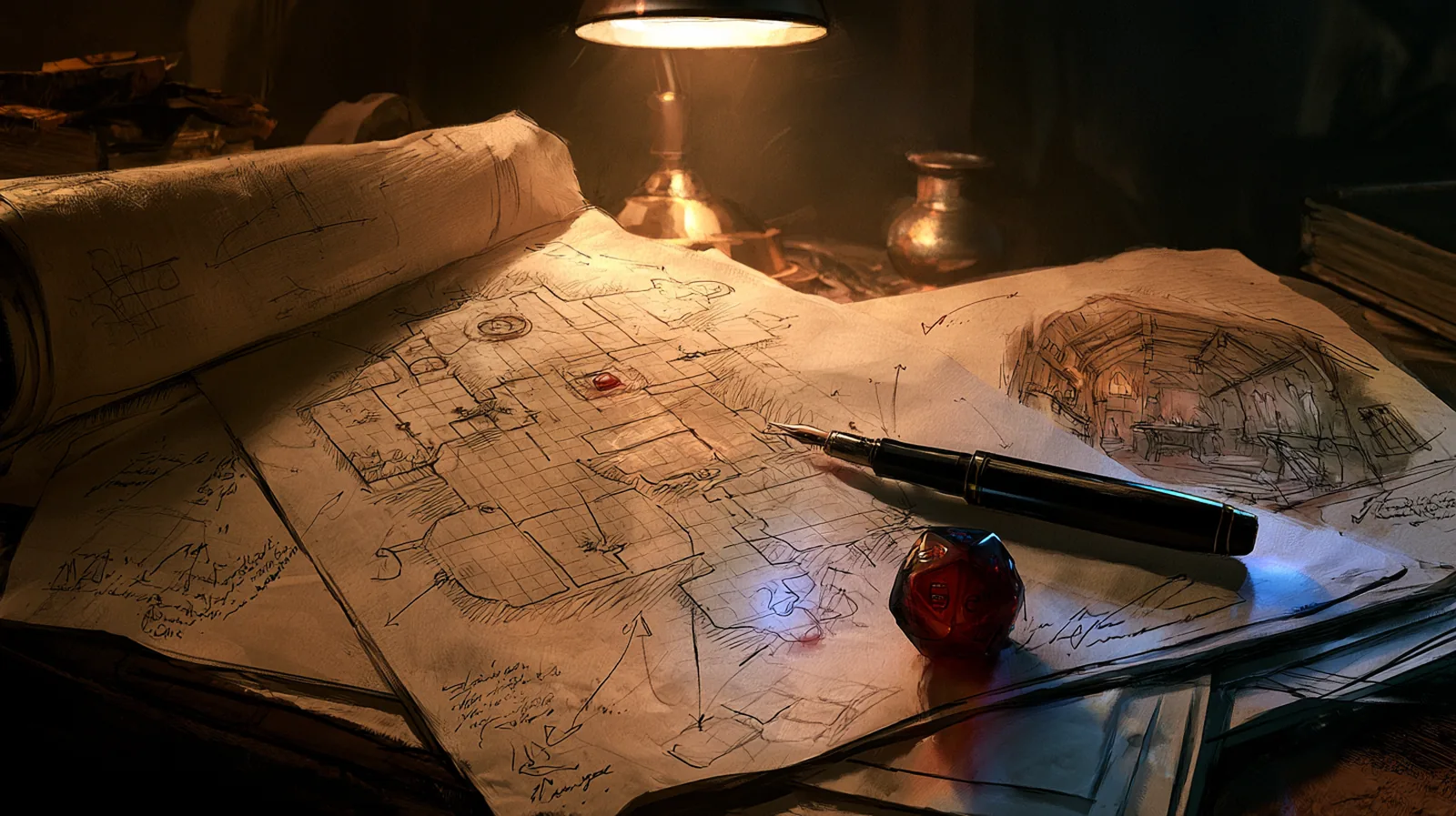 Guide du maître de jeu : préparer, mener et rattraper une partie de JDR 2 Carte de donjon annotée au crayon avec un stylo plume et un d20, croquis de taverne à côté