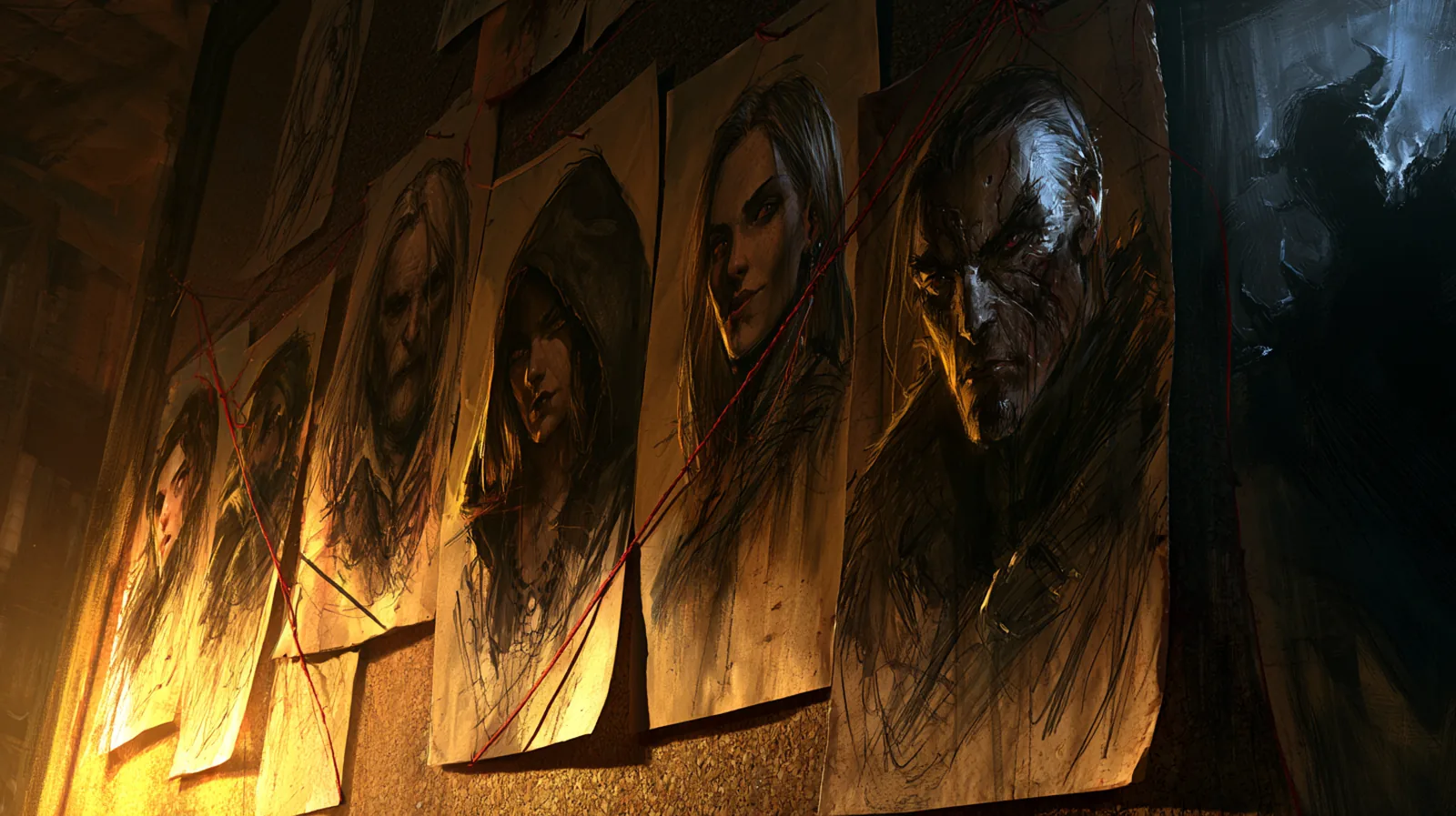 Guide du maître de jeu : préparer, mener et rattraper une partie de JDR 3 Portraits de PNJ dessinés à l'encre épinglés sur un tableau de liège, silhouette de monstre dans l'ombre