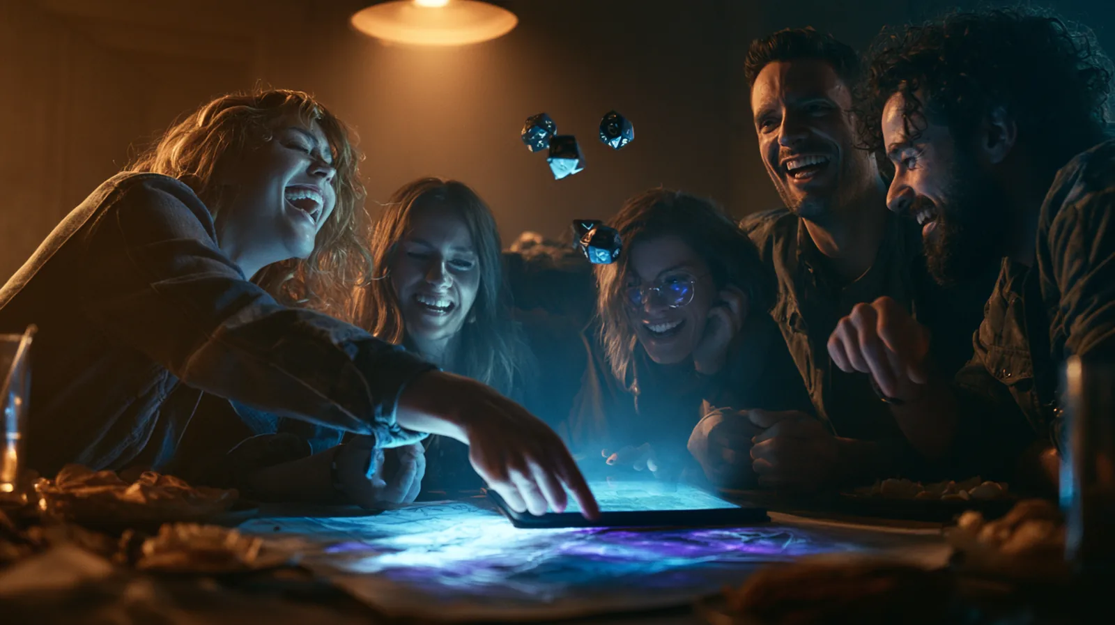 Guide du maître de jeu : préparer, mener et rattraper une partie de JDR 4 Table de jeu de rôle en pleine séance, joueurs qui rient et dé en suspension au-dessus de la carte