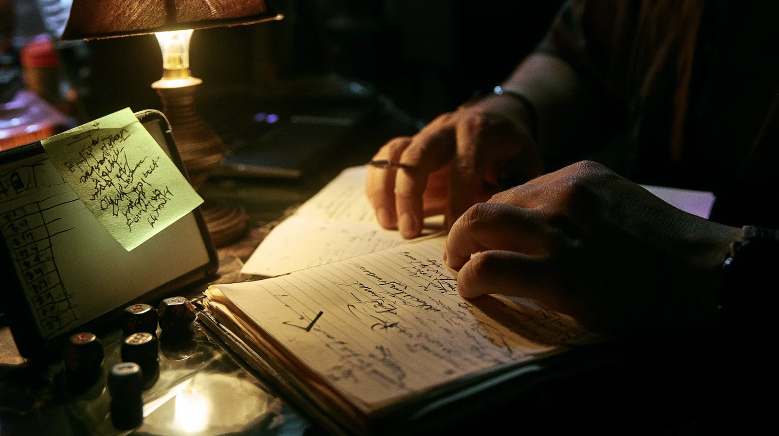 Guide du maître de jeu : préparer, mener et rattraper une partie de JDR 5 Mains du MJ au-dessus de notes raturées et réécrites, ordre d'initiative effacé sur une ardoise