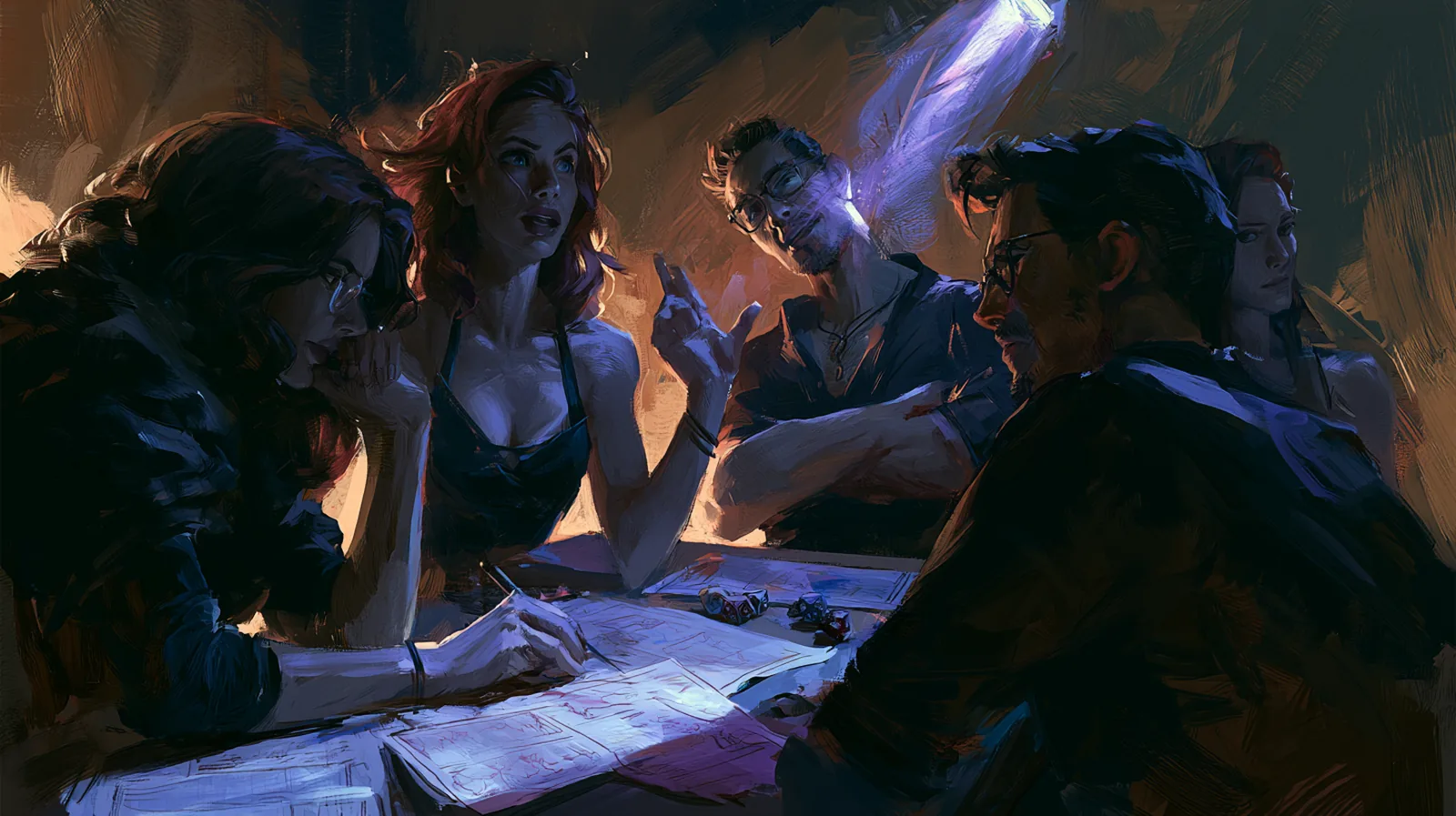 Guide du maître de jeu : préparer, mener et rattraper une partie de JDR 6 Quatre joueurs aux attitudes contrastées autour d'une table de jeu de rôle, fiches de personnage éparpillées