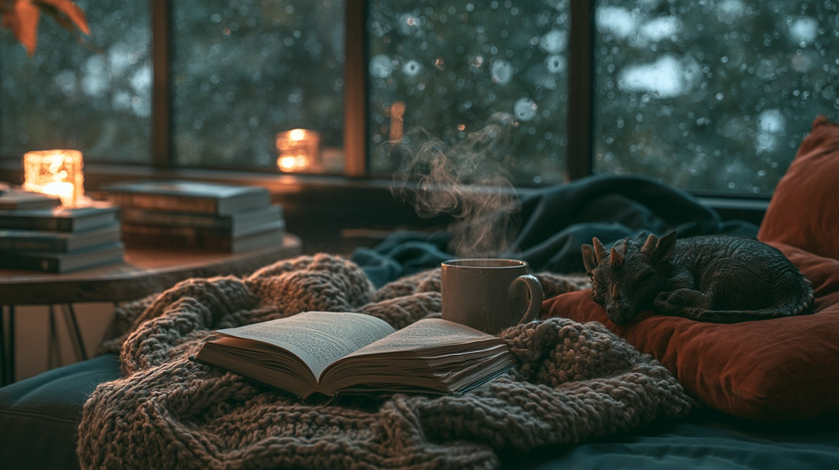 Fantasy et romantasy : quelle maison d'édition française pour ta prochaine lecture ? 3 Coin lecture cosy avec un roman ouvert, une tasse fumante et un petit dragon endormi sur un coussin près d'une fenêtre