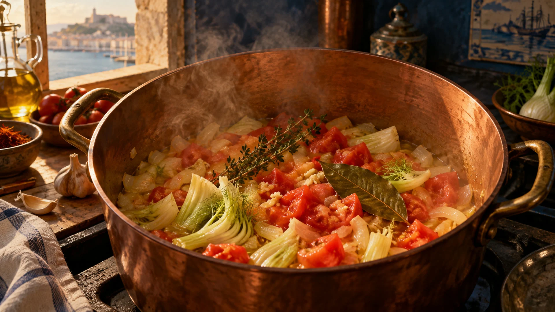 Fond aromatique aux oignons, tomates et fenouil dans une cocotte