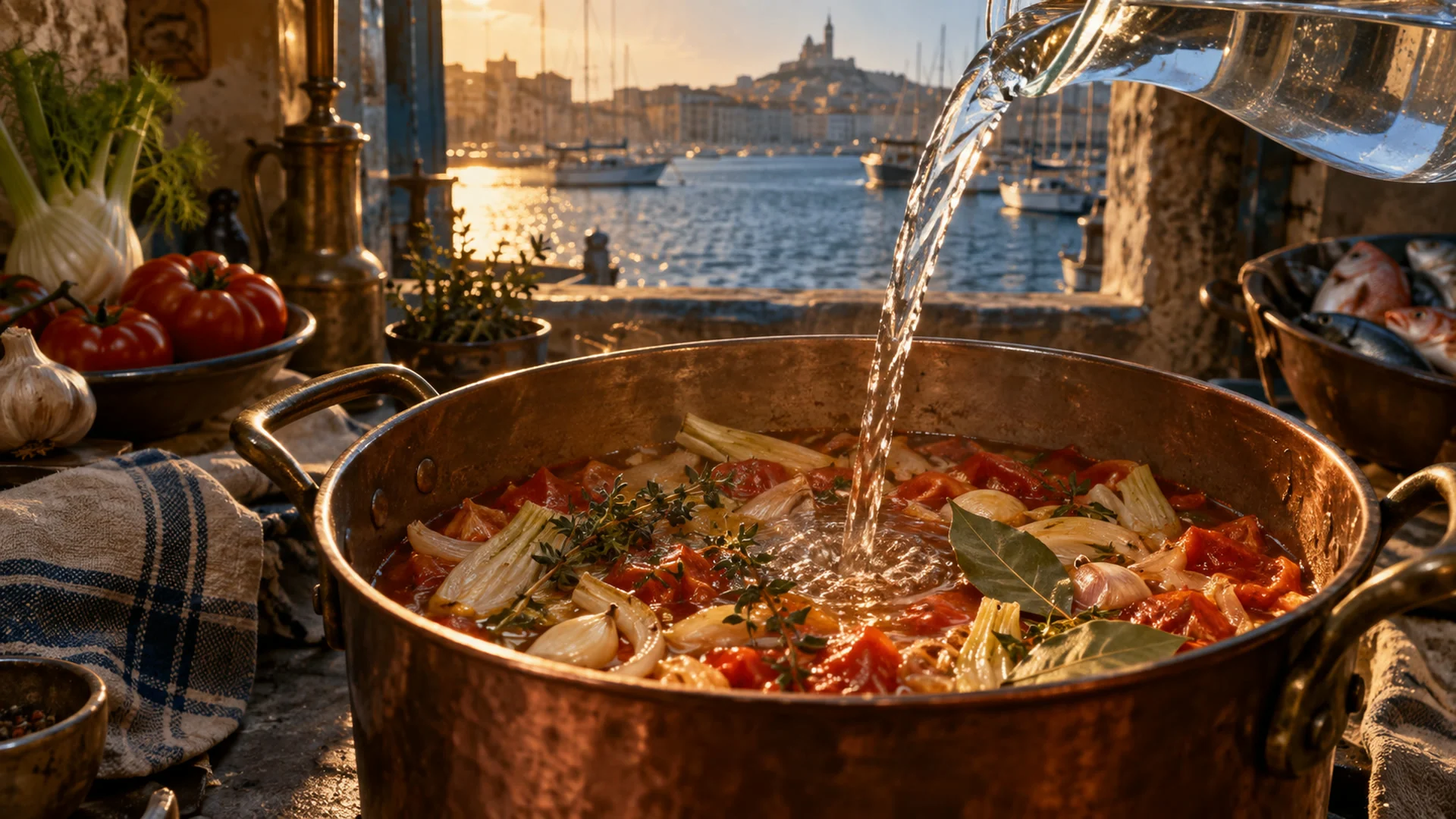 Ajout de l’eau dans le fond de bouillabaisse