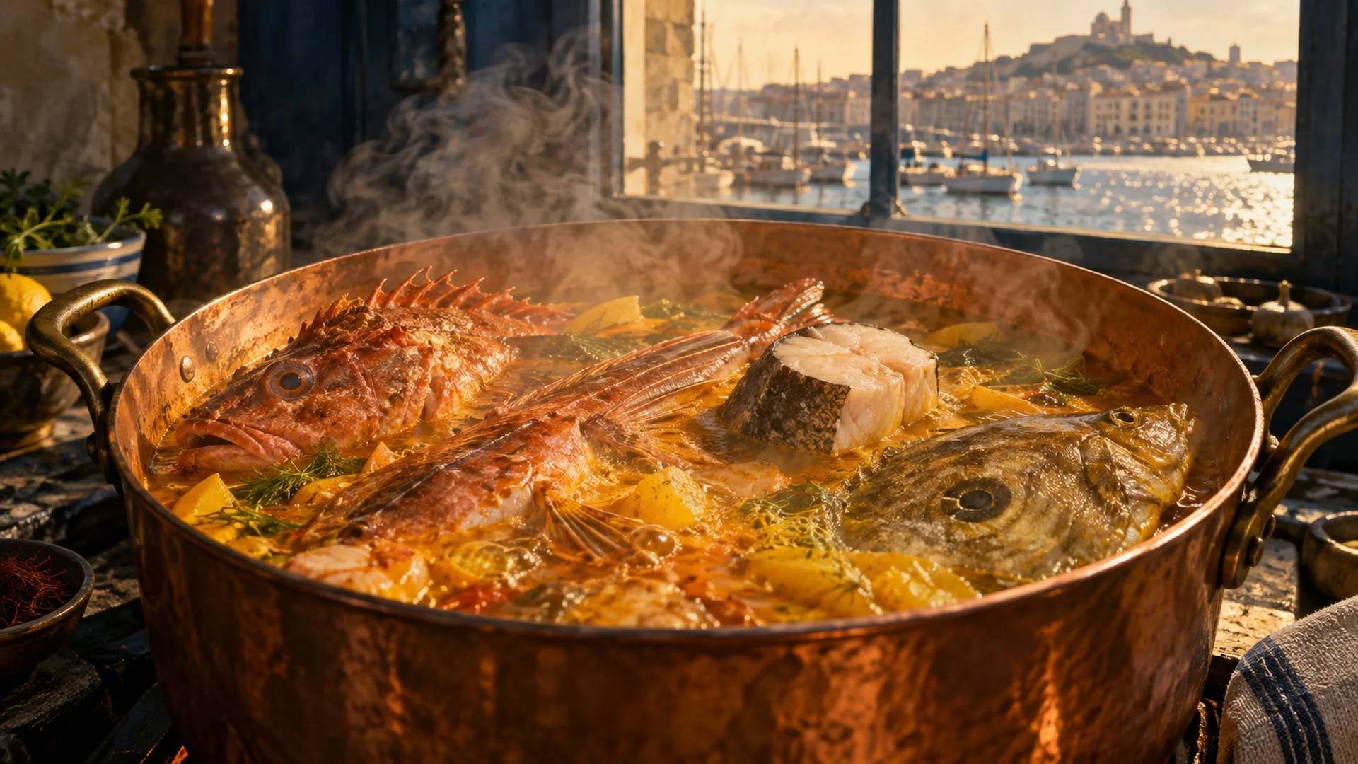 Poissons de roche cuisant dans le bouillon safrané