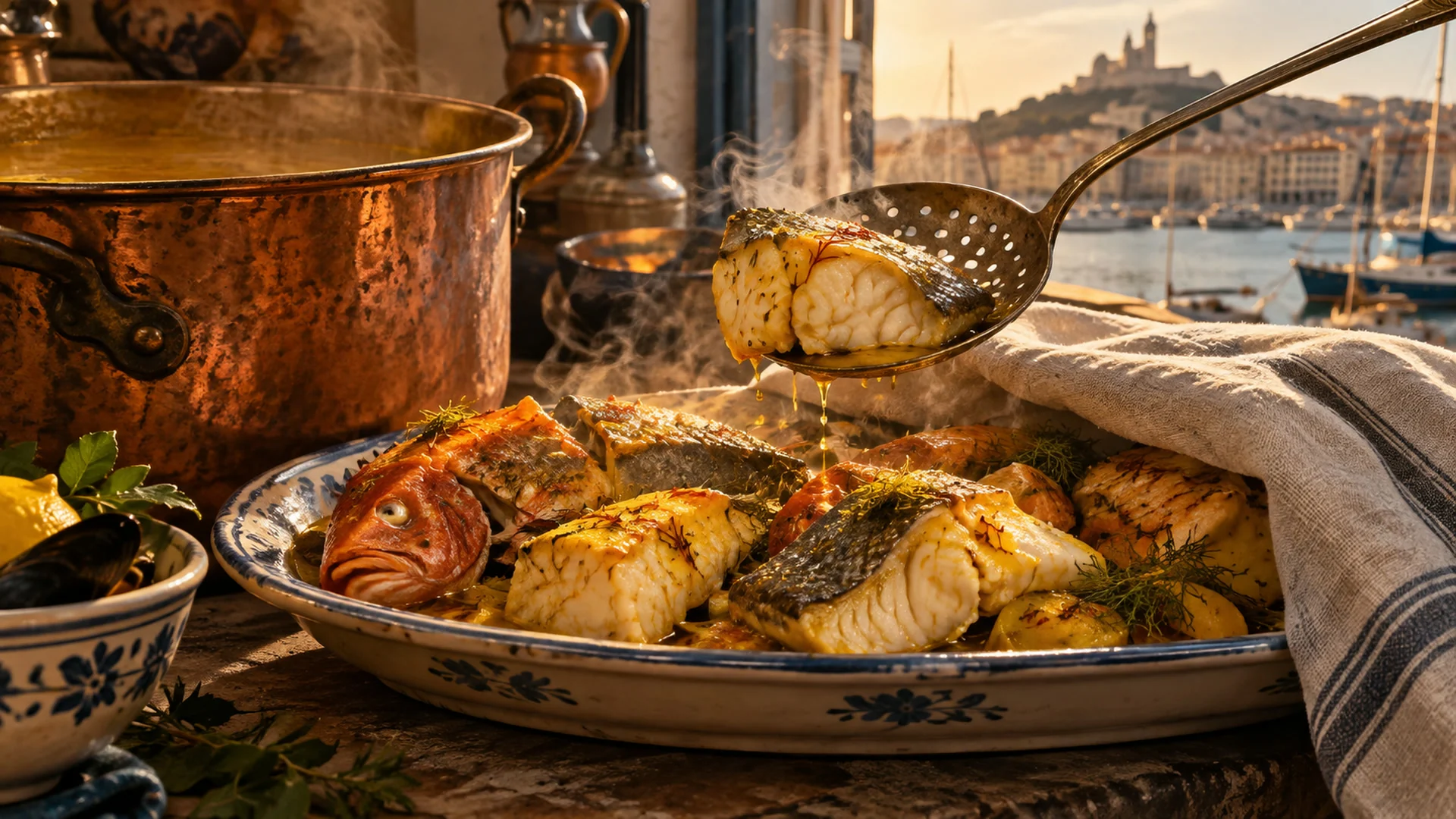 Poissons cuits retirés du bouillon et maintenus au chaud