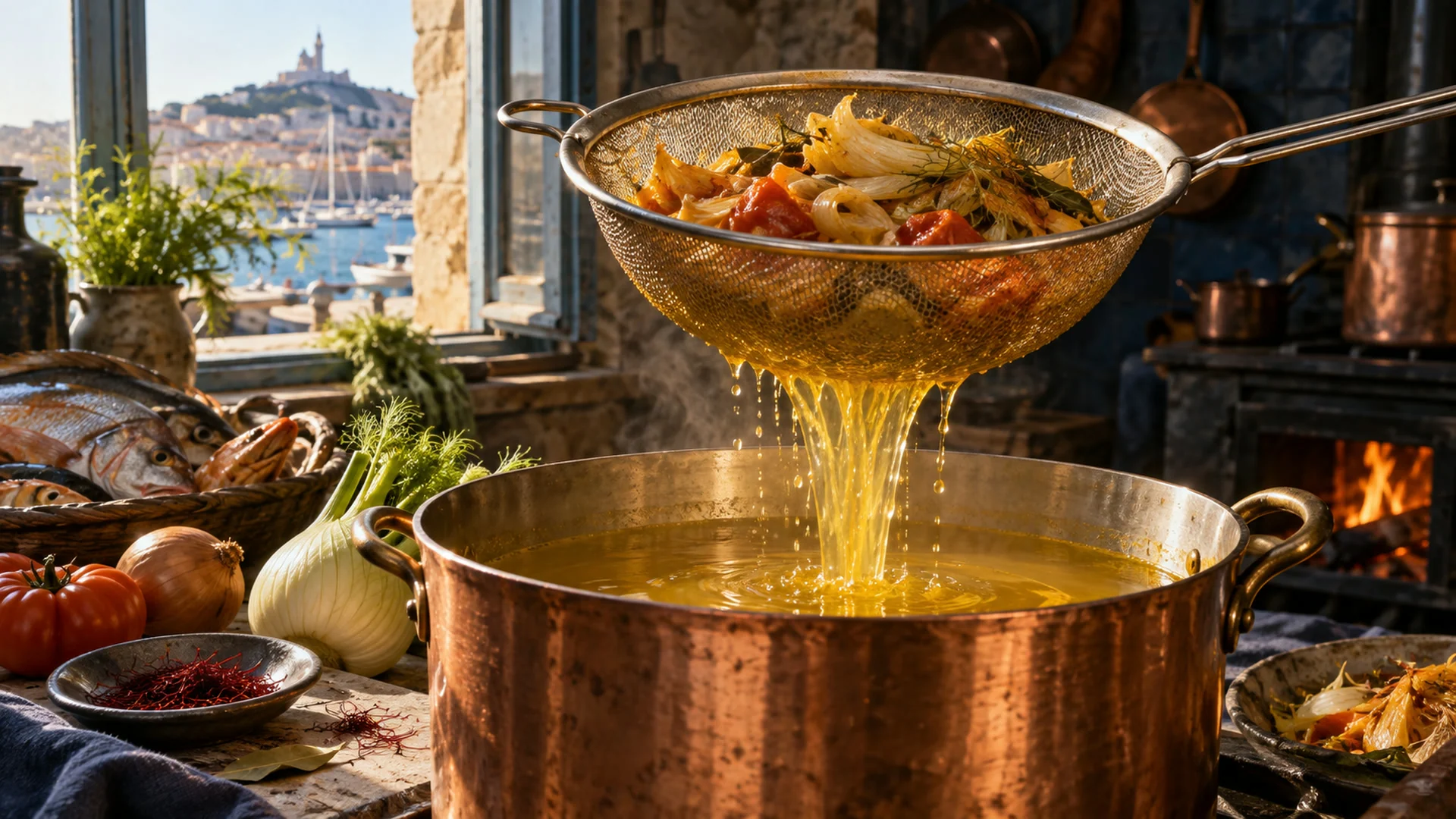 Bouillon de bouillabaisse filtré à la passoire fine