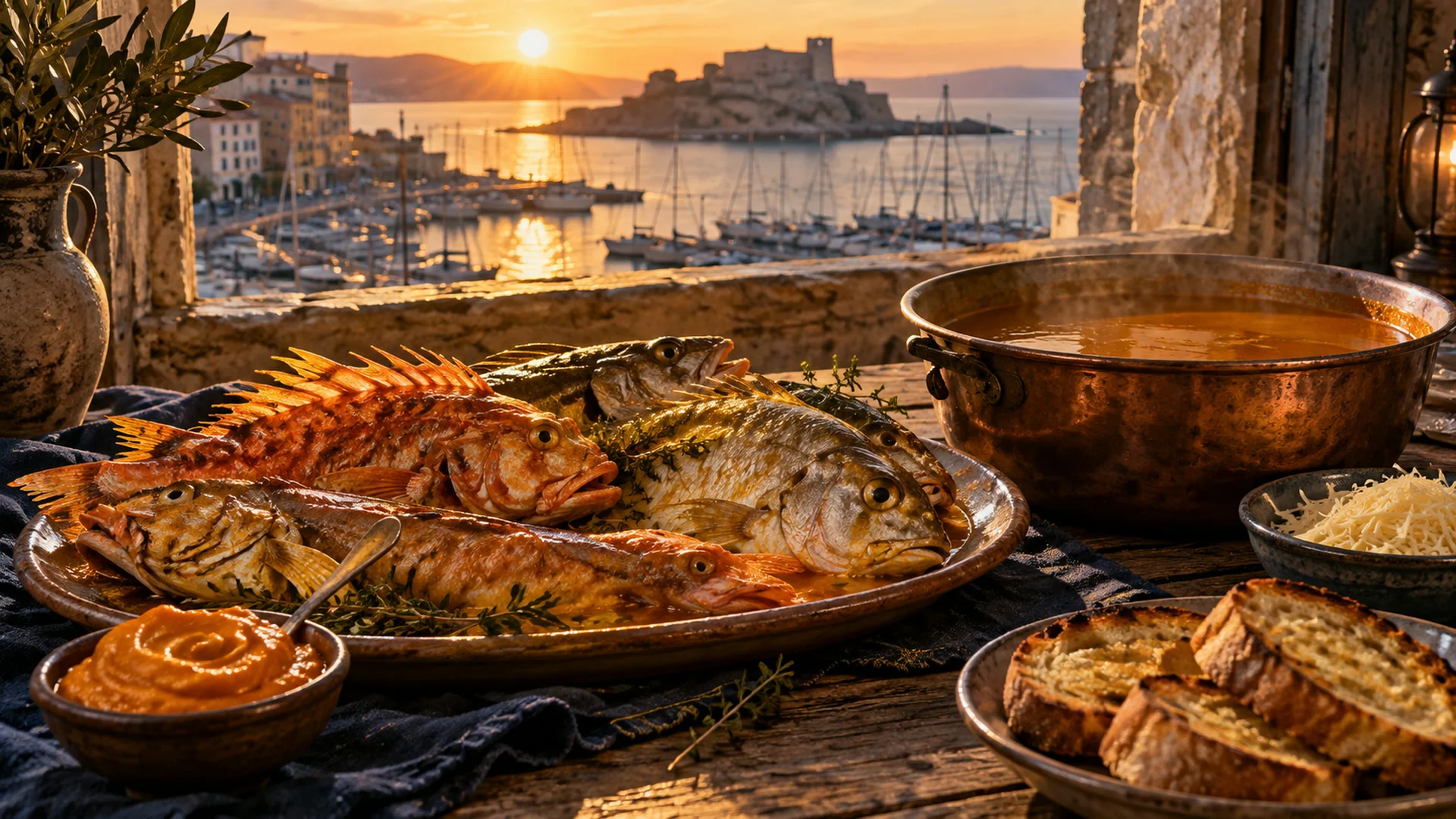 Bouillabaisse de Monte-Cristo servie avec rouille et pain grillé