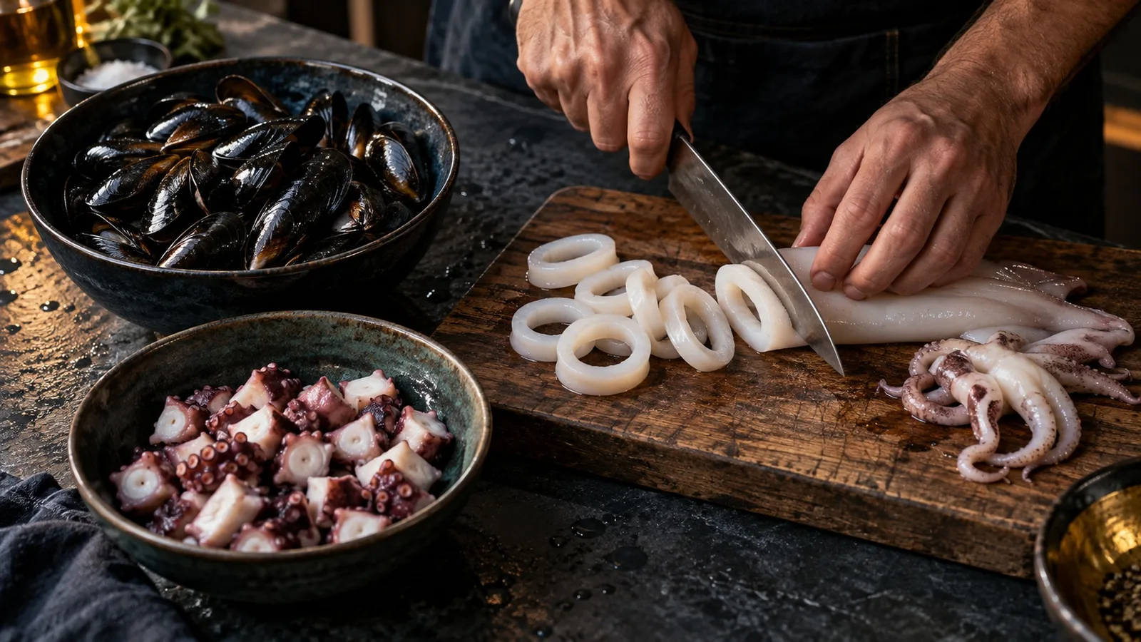 Soupe abyssale de R'lyeh : la recette inspirée de Cthulhu 2 Moules, anneaux de calamars et dés de poulpe préparés sur un plan de travail pour la soupe abyssale de R'lyeh