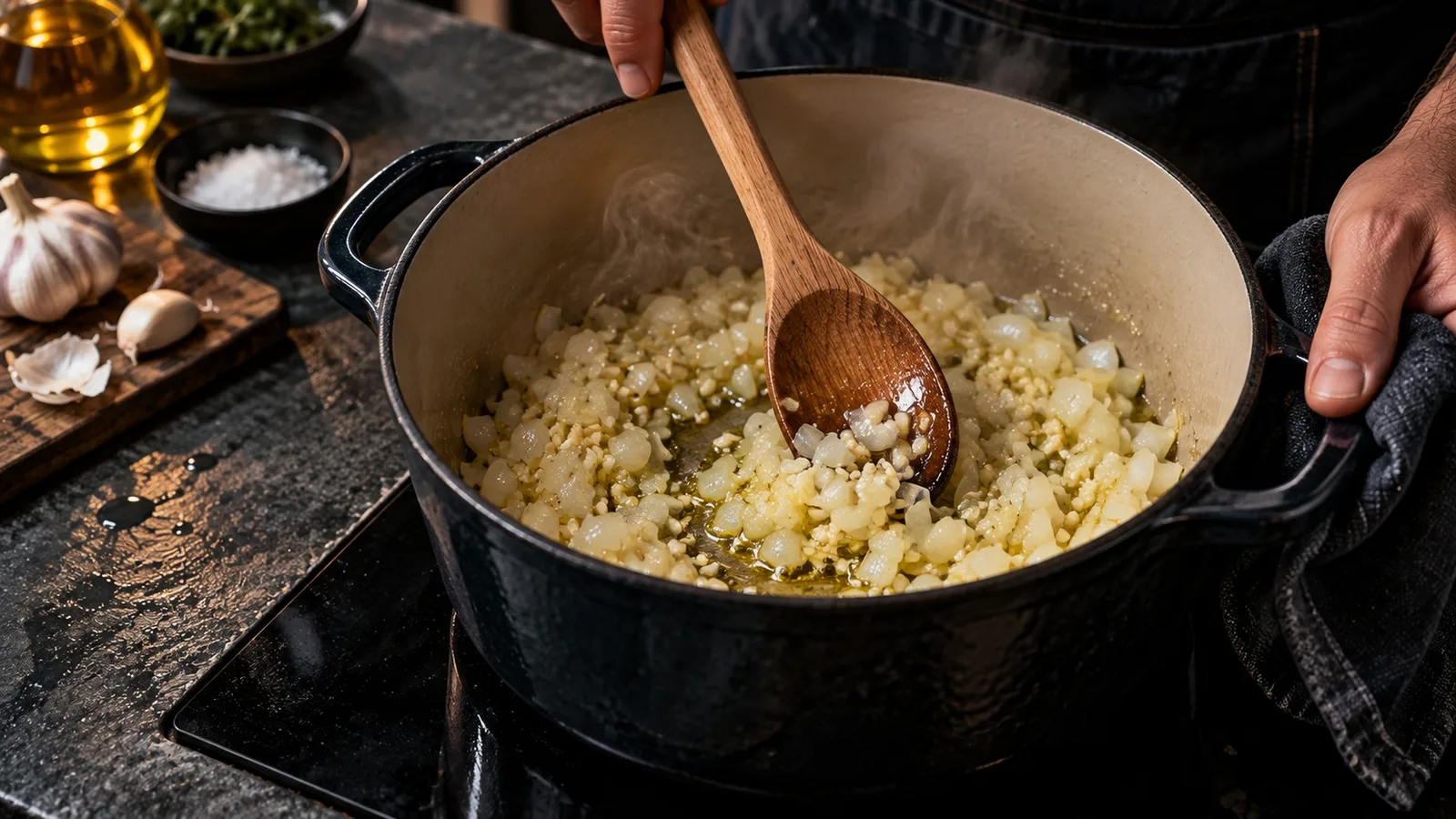 Soupe abyssale de R'lyeh : la recette inspirée de Cthulhu 3 Oignons blancs et ail hachés saisis à l'huile d'olive dans une cocotte, base de la bisque inspirée de Cthulhu