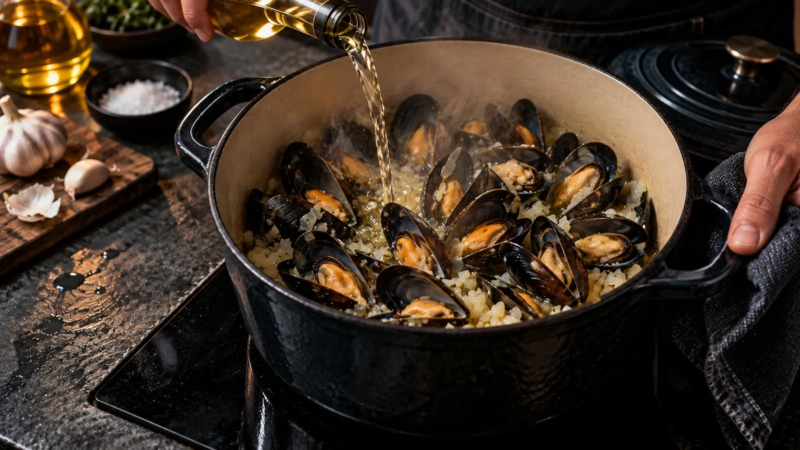 Soupe abyssale de R'lyeh : la recette inspirée de Cthulhu 4 Moules ouvertes dans le vin blanc frémissant au fond d'une cocotte, troisième étape de la soupe abyssale