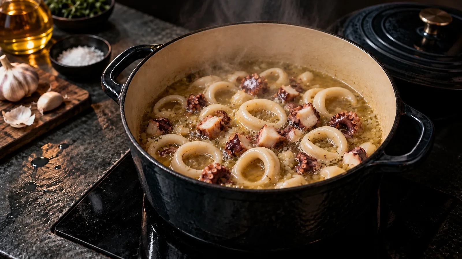 Soupe abyssale de R'lyeh : la recette inspirée de Cthulhu 5 Anneaux de calamars et dés de poulpe mijotant dans le bouillon de poisson de la soupe abyssale de R'lyeh