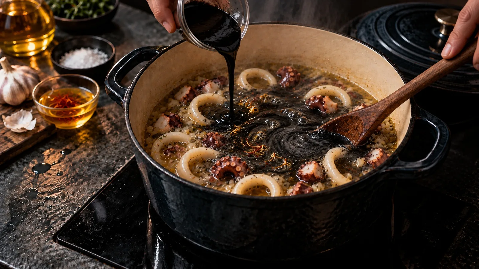 Soupe abyssale de R'lyeh : la recette inspirée de Cthulhu 6 Encre de seiche et filaments de safran versés dans le bouillon qui vire au noir, recette inspirée de Cthulhu