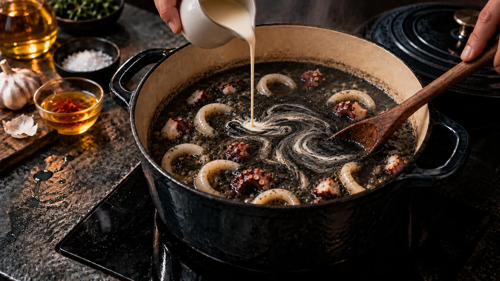 Soupe abyssale de R'lyeh : la recette inspirée de Cthulhu 7 Crème fraîche versée en filet dans la soupe noire à l'encre de seiche, liaison de la bisque abyssale