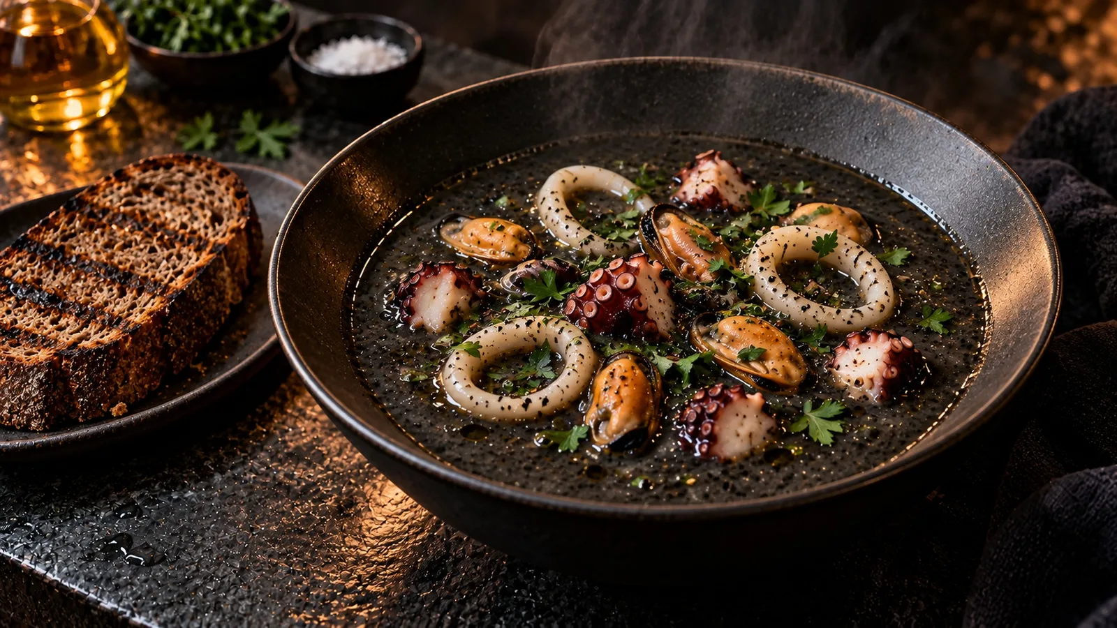 Soupe abyssale de R'lyeh : la recette inspirée de Cthulhu 9 Assiette de soupe abyssale de R'lyeh noire garnie de moules, persil frais et pain de seigle grillé
