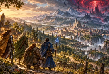 Quatre aventuriers observent un village, une cité et un château sombre sous un ciel rouge, au fil d'une campagne DnD