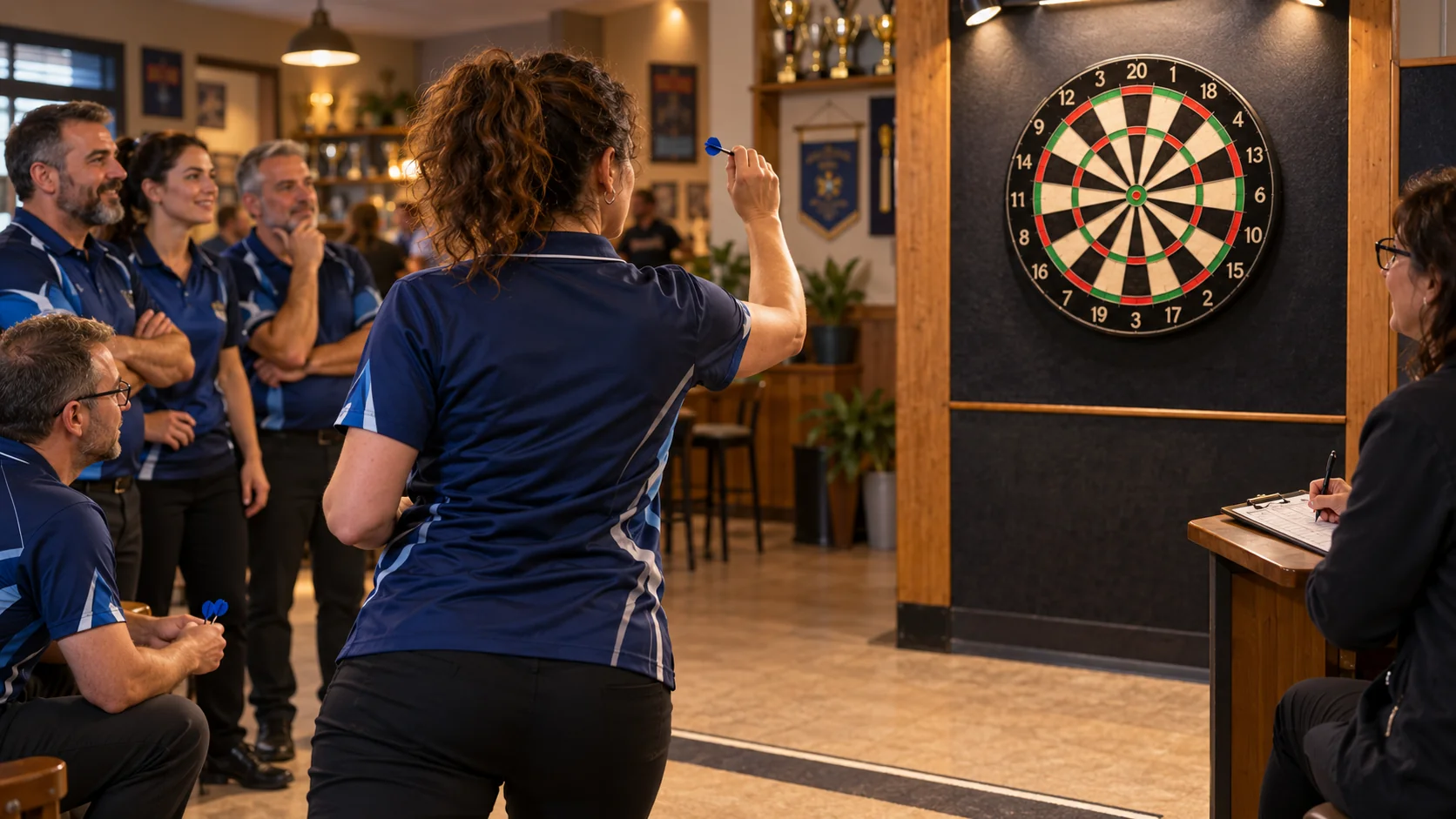 Comment trouver un club de fléchettes pour participer à des tournois ? 1 Joueuse d’un club de fléchettes lançant devant ses coéquipiers lors d’une rencontre de tournoi, avec un marqueur qui note les points